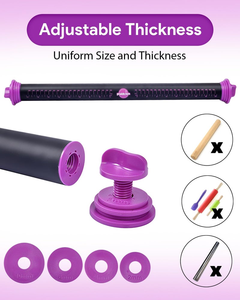 PROKITCHEN Silicone Rolling Pin with Thickness Rings, Adjustable Designs for Fondant, Cookie Decorating, Pasta, Pizza, 23.6 inch Purple Large Long Pin - Image 5